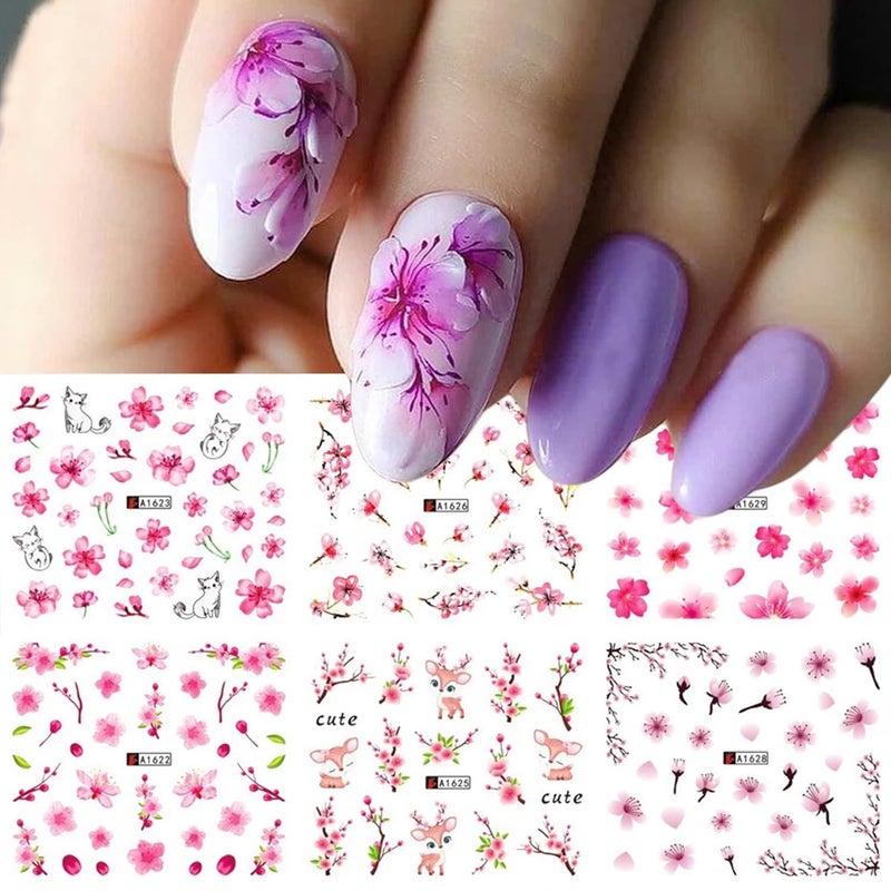 Vezocim Nail Art Stickers Decals, Holographic Cherry Blossoms Nail Water Transfer Decal Designs, Pink Flower Nail Sticker Acrylic Supplies for Women Girls Manicure Tips Decorations (A1621-1632) - Image 3